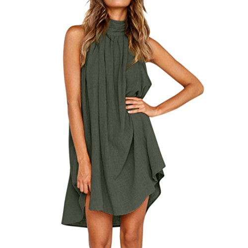 PAOLIAN Vestido Mujer Verano Sólido Casual Vestido Cuello Halter Redondo Sin Tirantes Irregular Cómodo Plisada Vestido Playa Fiesta Suelto Falda Corta Elegante Vestido Señora Bohemio (L, Verde)