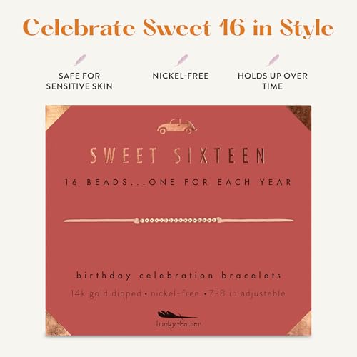 Lucky Feather Sweet 16 Gifts for Girls; 16th Birthday Bracelet Gift Idea for 16 Year Old Girls Available in 14K Gold, Rose Gold, or Silver Dipped Beads on Adjustable Cord | 16th birthday gifts for girls4