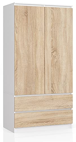 AKORD Armoire 2 Portes | Armoir Chambre 2 Tiroirs avec Etagères et Une Tringle | L90 x H180 x P51 cm | Panneau Stratifié 16mm | Armoire sans Penderie Chambre...