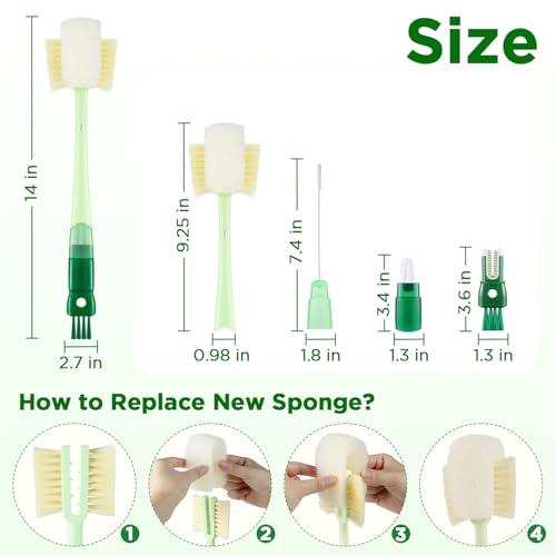 Image of OUTXE 6 Pack Bottle Brush Set, 5-in-1 Water Bottle Cleaner Brush, 14 inch Long Handle Bottle Cleaning Brush, 3 Straw Brush, Removable Nipple Detail Brush for Cup Lid Gap, with Replecement Sponge