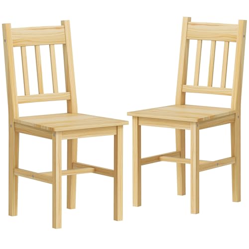 HOMCOM Juego de 2 Sillas de Comedor de Madera Maciza de Pino, Sillas de Cocina con Respaldo de Listones, Asiento Amplio, para Salón, Madera Natural