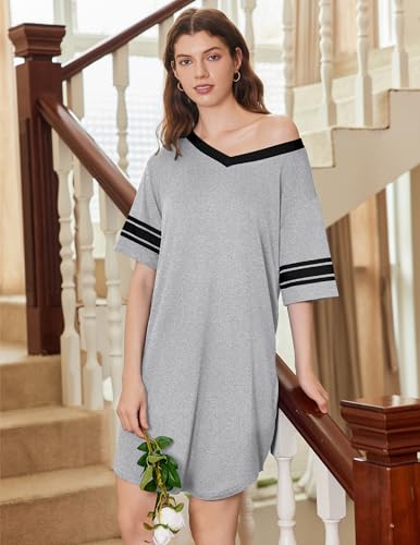 Image of Ekouaer Nightgowns for Women 2 Pack Sleepshirts Short Sleeve Nightshirt V Neck Sleepwear Casual Pajama Dress