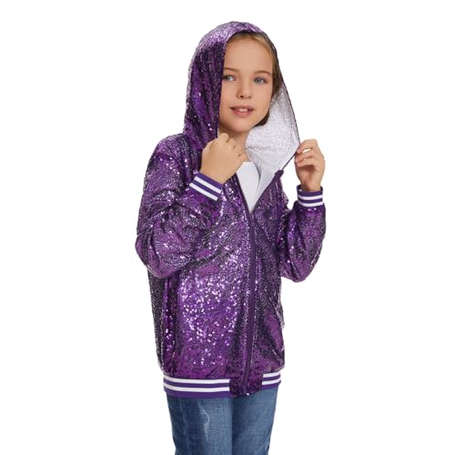 Mowbeat Girls Purple Sequin Jacket Zipper Hoodie Varsity Jacket for Kids Sparkly Sequin Long Sleeve Hoodies Coat2