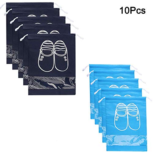 gotyou 10 Stück Schuhspeichertasche,Reise-Schuhtasche mit Zugband/Transparente Fenster,Tragbare Aufbewahrungstasche Wasserabweisend Set,Zubehör Aufbewahrung(Große,5 * Blau;Medium,5 * Leicht Blau)