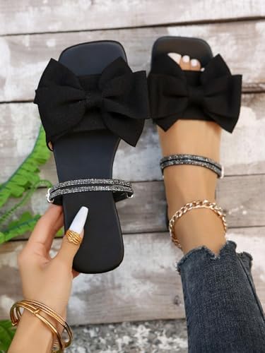 Gorglitter Women'S Rhinestone Bow Knot Flat Sandals Two Ways Open Toe Slides Sandal Black 9.5 thumb #4