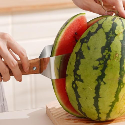 Image of Housoutil Triangle Watermelon Slicer, Stainless Steel Watermelon Cutter Wooden Handle, Melon Slicer Fruit Cutter for Kitchen Gadgets Melon, Cantaloupe, Fruit, Picnic