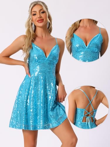 Image of Allegra K Glitter Sequin Dresses for Women's Spaghetti Strap Tie Back Backless Mini Party Dress Clubwear