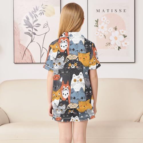 ALAZA Colorful Cat Kitten Animal Satin Pajamas Set Short Sleeve Button Down Sleepwear Summer Pjs 2 Piece4