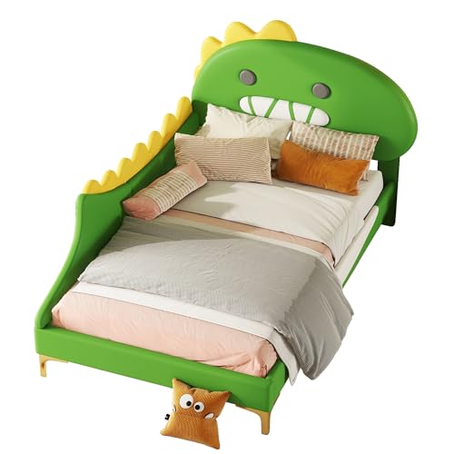 Cama infantil de dinosaurio verde 90x200 de PU y MDF con diseño de dibujos animados 7