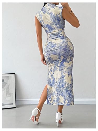 Milumia Women's Ruched Floral Sleeveless Bodycon Midi Dress Mock Neck Slit Thigh Dresses3