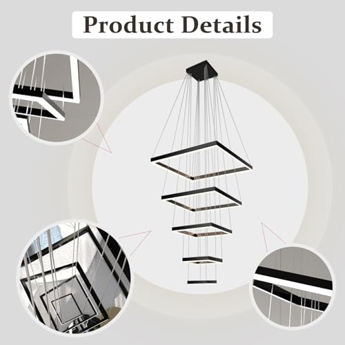 W40inch Moden foyer Entrance Chandeliers High Ceilings Chandeliers Black Square Modern Led Pendant Light Chandelier Big Chandelier for High Ceiling 5 Rings LED Dimming Lighting 2700-6000K by Flashing God - Used condition - Image 5