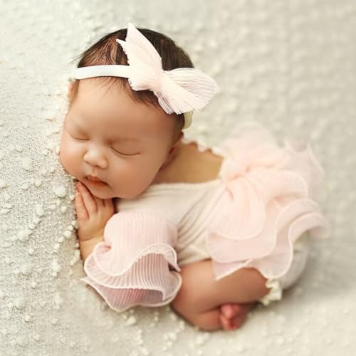 Image of Ylsteed Newborn Photography Outfits Girl Lace Romper with Headband Photo Shoot Outfits Girls Photo Props - Ruffles Beige
