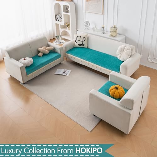 Image of HOKIPO 'Serenity Tassel' Chenille 3 Seater Sofa Cover with Tassel - Ocean Teal (IN-892-SBL)