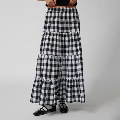 Women's Vintage Plaid Maxi Skirt Mopping Floor Length Big Hem Ruffled Tiered Long Skirt Gingham A Line Skirt3