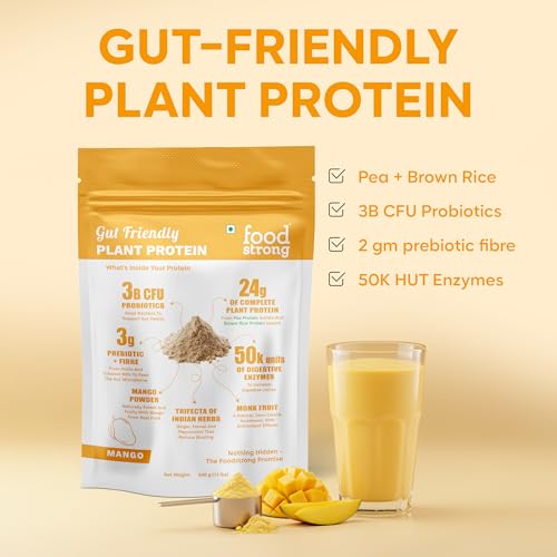 Image of Foodstrong Gut Friendly Plant Protein - Mango | 24g Complete Plant Protein with Probiotics, Digestive Enzymes, Prebiotics & Indian Herbs | Vegan | No Sugar | 500g