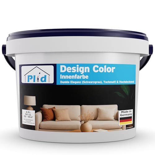 Plid Design - Pintura para interiores (2,5 L, alta cobertura), color negro y elegante, color multicolor, para pared mate, para aprox. 15 – 18 m² en calidad profesional, transpirable y antigoteo