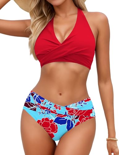 Image of Sopliagon Women's Bikini Sets Twist Front Two Piece Swimsuit Halter Bathing Suit