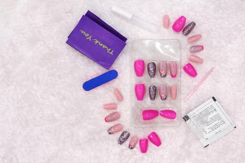 Image of Pink Ombre Glitter Press On Nails | Glossy Coffin Shape Fake Nails | French Tip & Sparkle Design | Reusable Stick On Nails with Glue Kit