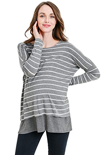 HELLO MIZ Women's Maternity Nursing Tunic Top (Gray Stripe/Gray, S)