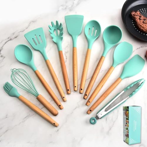 Image of SKYTONE Silicone Kitchen Spatula and Utensils Spoon Set 12-Piece Silicone Kitchen Cooking Utensils Set, Non-Stick Utensils Set Heat Resistant Easy Clean, BPA Free