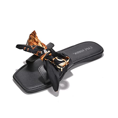 Cape Robbin Enzio Flat Sandals Slides For Women, Womens Square Toe Mules Slip On Shoes With Bow - Black Size 7 #TOP3