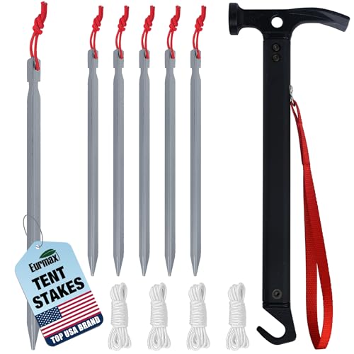 Image of Eurmax USA Hiking Camping Tent Stakes and Hammer Set Lightweight Multi-Function Tent Hammer with Tent Stake Remover,Tent Pegs for Camping, Hiking, Backpacking, Gardening(Silver Stakes)