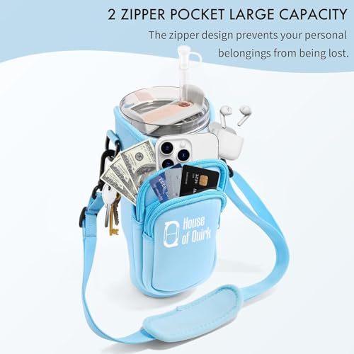 Image of House of Quirk Water Bottle Carrier Bag with Phone Pocket for Stanley 40 /30 oz Tumbler Neoprene Water Bottle Holder Pouch with Adjustable Strap (Blue)