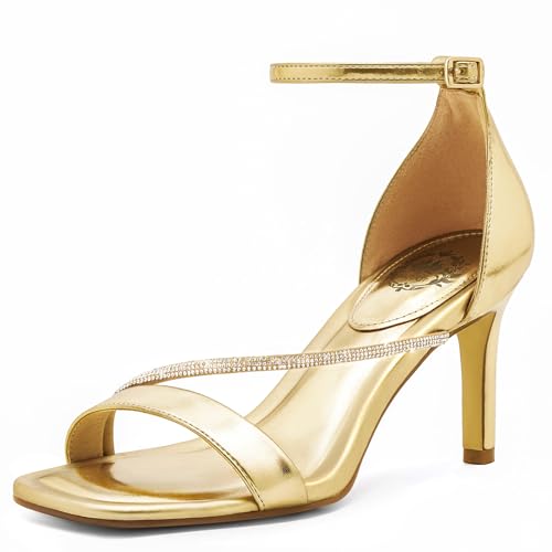 Pasuot Gold Strappy Heels for Women - Open Square Toe Sparkly Stiletto Heel with Ankle Strap, Rhinestone Straps High Heeled Sandals for Party Prom Homecoming Office Wear, Not for Wide Feet, Size 8