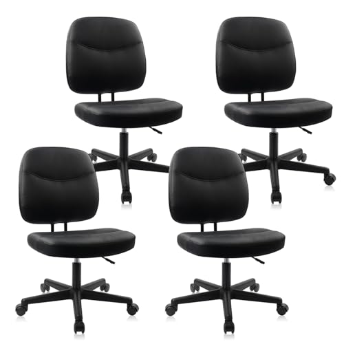 Image of CLATINA Armless Home Office Chair, Small PU Leather Ergonomic Low Back Desk Chair with Lumbar Support and Wheels, Adjustable Height 360 Swivel Rolling Computer Task Chair, Black, 4 Pack