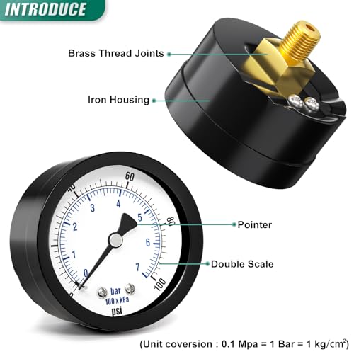 Image of 0-100PSI Well Pump Pressure Gauge 2 inch Dial Size, 1 /8 inch NPT Back Mount, 3-2-3% Accuracy, for Tube, Water Pump, Gas, Liquid, Pressure Test