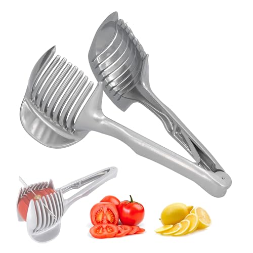 Trancheuse à Tomates Coupe-citron, Pince à Fruits Ronde Multifonctionnelle en Acier Inoxydable Porte-oignon Outils Polyvalents pour Fruits Et Légumes à Peau Douce (Argenté)