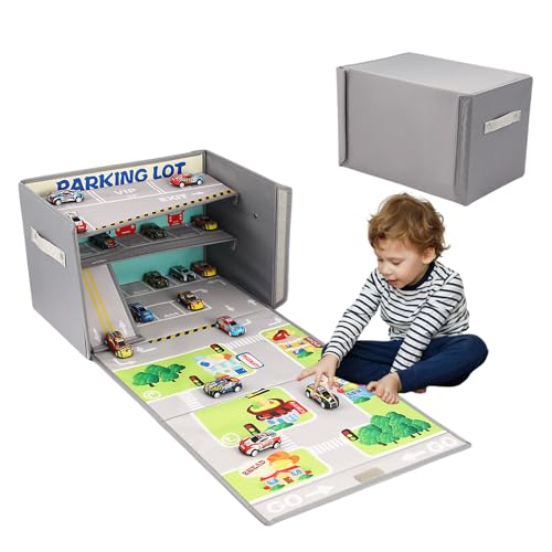 LITTLECUCU 3-in-1 Toy Car Storage Box Car Garage Toy with Play Mat & Parking Garage Includes 20 Cars Foldable & Portable for Kids