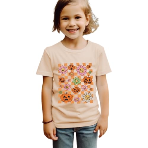 Girls Halloween Shirt Pumpkin Flower Face Checkered T-Shirt Kids Crewneck Short Sleeve Spooky Season Gift Tee Tops
