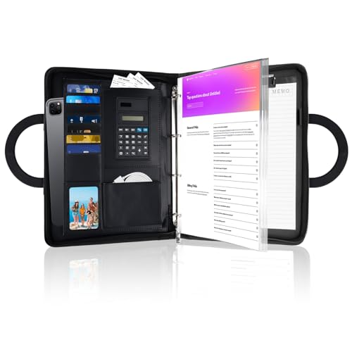 Porte-documents A4, Conférencier Zippé en PU Cuir, avec Calculatrice, Compartiments pour Cartes et Bloc-notes, Pochette pour Tablette, Classeur à Anneaux, Poignées...