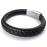 KONOV Schmuck Herren Damen Armband, Armreif, Leder Edelstahl, Schwarz Silber