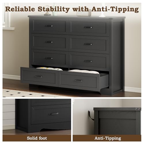 Image of BORNOON 8-Drawer Dresser for Bedroom, Modern Wooden Chest of Drawers with Metal Handles, Anti-Tipping Design, Sturdy and Stable Storage Organizer for Living Room, Entryway, Home Office, Standard