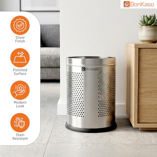 Image of Bonkaso 9L Stainless Steel Perforated Dustbin (8x12 Inch), Open Top Trash Bin Without Lid, Rust Proof & Durable Garbage Can for Home, Kitchen, Bathroom & Office Use, Silver Finish