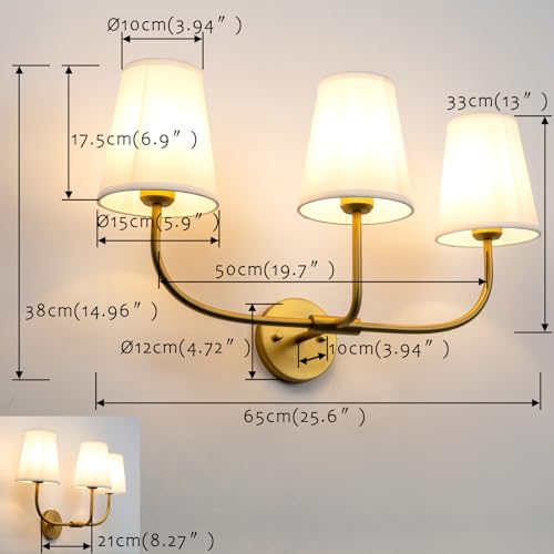 Image of Pathson 3 Lights Fabric Wall Sconce Lamps Pure White Fabric Lampshade, Vintage Fabric Wall Vanity Light, E26 Bulb Base Brass Wall Lighting Fixtures Decor for Living Room