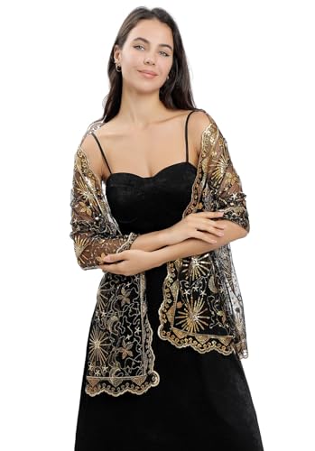 OurLore Women's Glittering 1920s Shawl Scarf Mesh Sequin Wedding Bridal Cape Fringed Evening Wraps Shawls4