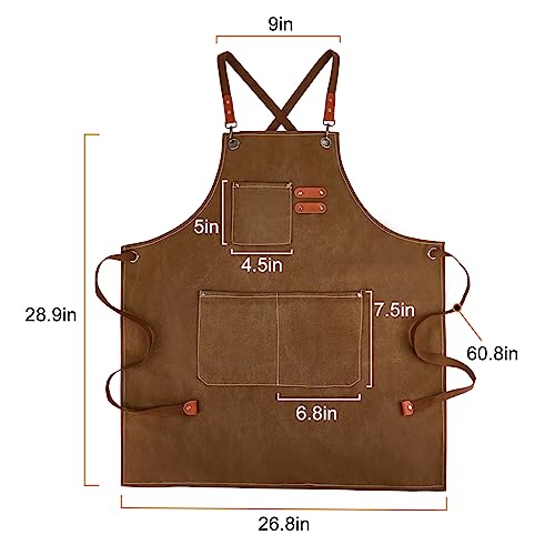 Canvas Work Aprons for Men with Pockets,Adjustable Strap and Large Pockets Apron,Kitchen Cooking Baking Chef Apron (Brown) - Image 2