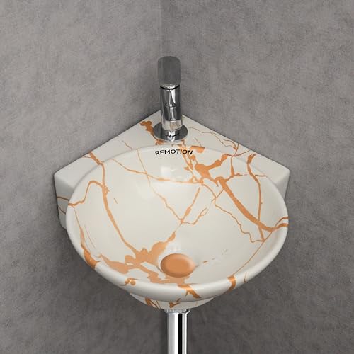 Image of REMOTION Wall Mounted Wash Basin for Bathroom | Wall Hung Corner Sink | Ceramic Round Wall Hung Wash Basin | Wall Hung Small Corner Basin (16.3 x 13.8 x 4.3 Inch) (White Gold Jelly)