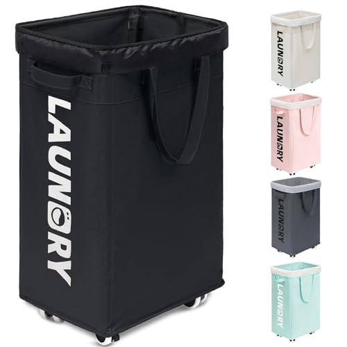 Image of Goodpick Black Laundry Hamper with Wheels, 75L Dirty Clothes Hamper with Removable Wash Bag for Laundry Room, Rolling Laundry Basket