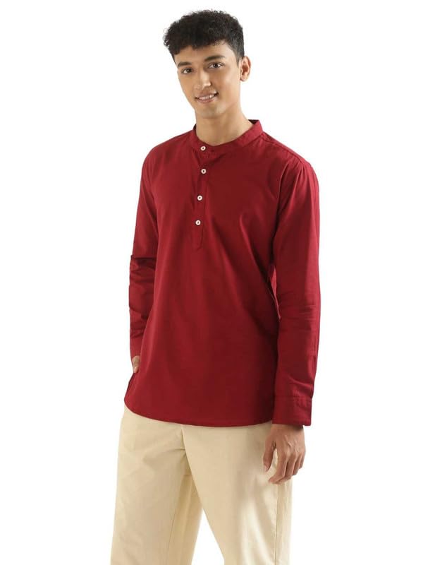 Image of SAADAA Men's Short Kurta - Linen Cotton Blend, Airy Fabric, Regular Fit, Mandarin Collar, Solid Color - Casual, Festive & Ethnic Wear
