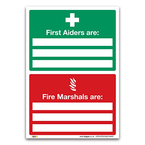 Set of 2, First Aiders Are Fire Marshals Are Sign, A4 297 x 210mm, 1mm Rigid Plastic, ISO 7010 Standards