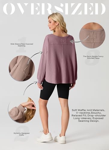 IWOLLENCE Womens Long Sleeve Shirts Oversized V Neck Tunic Tops for Women Waffle Knitted Pullover Sweater Top2