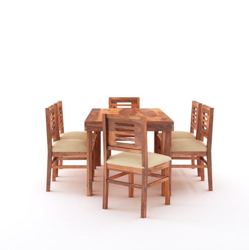 Image of Solid Sheesham Wood Dining Table Set with Chairs | Brown Modern Decorative Dining Set for Home /Office /Dining Room /Hotels | Honey, 6 Seater with Cushioned Chairs