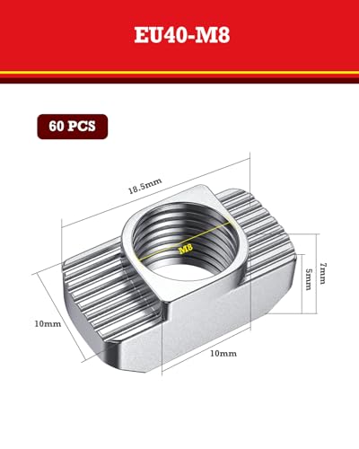 YOOPIN 60 Stück Nutensteine Hammerkopfmutter 10mm Nut 8, M8 Gewinde 4040 Profil T-Slot Nutmuttern, Kohlenstoffstahl Nutensteine M8, T-Nutmuttern für Aluminiumprofil Extrusionsschlitz (EU40-M8)