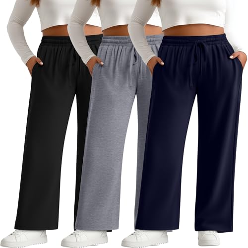Neer 3 Pack Women's Plus Size Pants Wide Leg Lounge Yoga Pants Casual Baggy Drawstring High Waist Sweatpants with Pockets