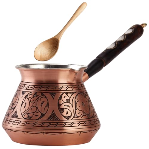 Image of DEMMEX 15 oz Large Copper Turkish Coffee Pot Cezve Ibrik Greek Coffee Briki Stovetop Coffee Maker with Wooden Handle & Spoon, 1mm Thick Copper, Handmade & Engraved in TURKEY, 6 Servings