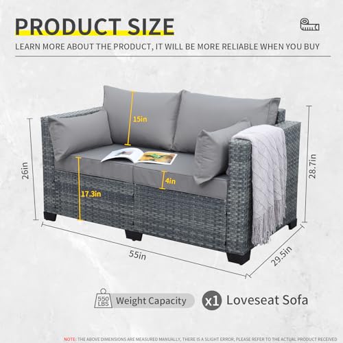 Lviden Outdoor Patio Loveseat Sofa, 2-Seater Small Couch, All Weather Wicker Love Seat Furniture With Grey Cushions thumb #1